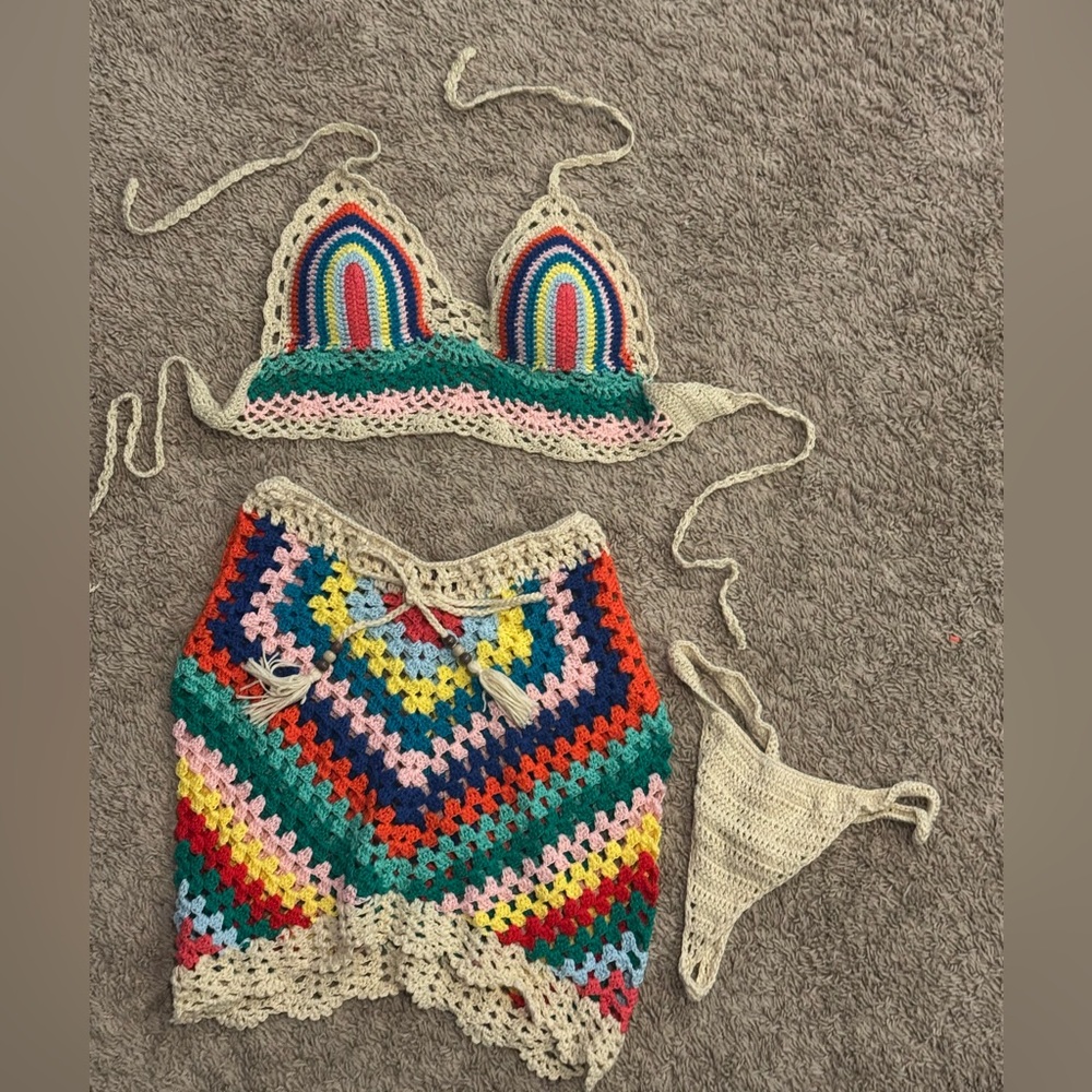Colorful Crochet Bikini Skirt Set